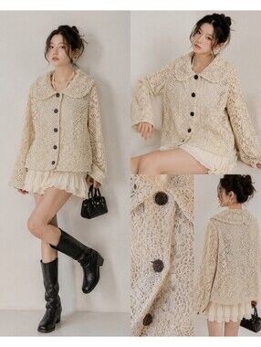 One Girl Who Crochet Lace Jacket Silk Linen Blend Cream cardigan size Large